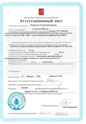 Аттестационный лист руководителя